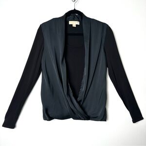Michael Kors Black Satiny Cris Cross Draped Front Long Sleeve Blouse
